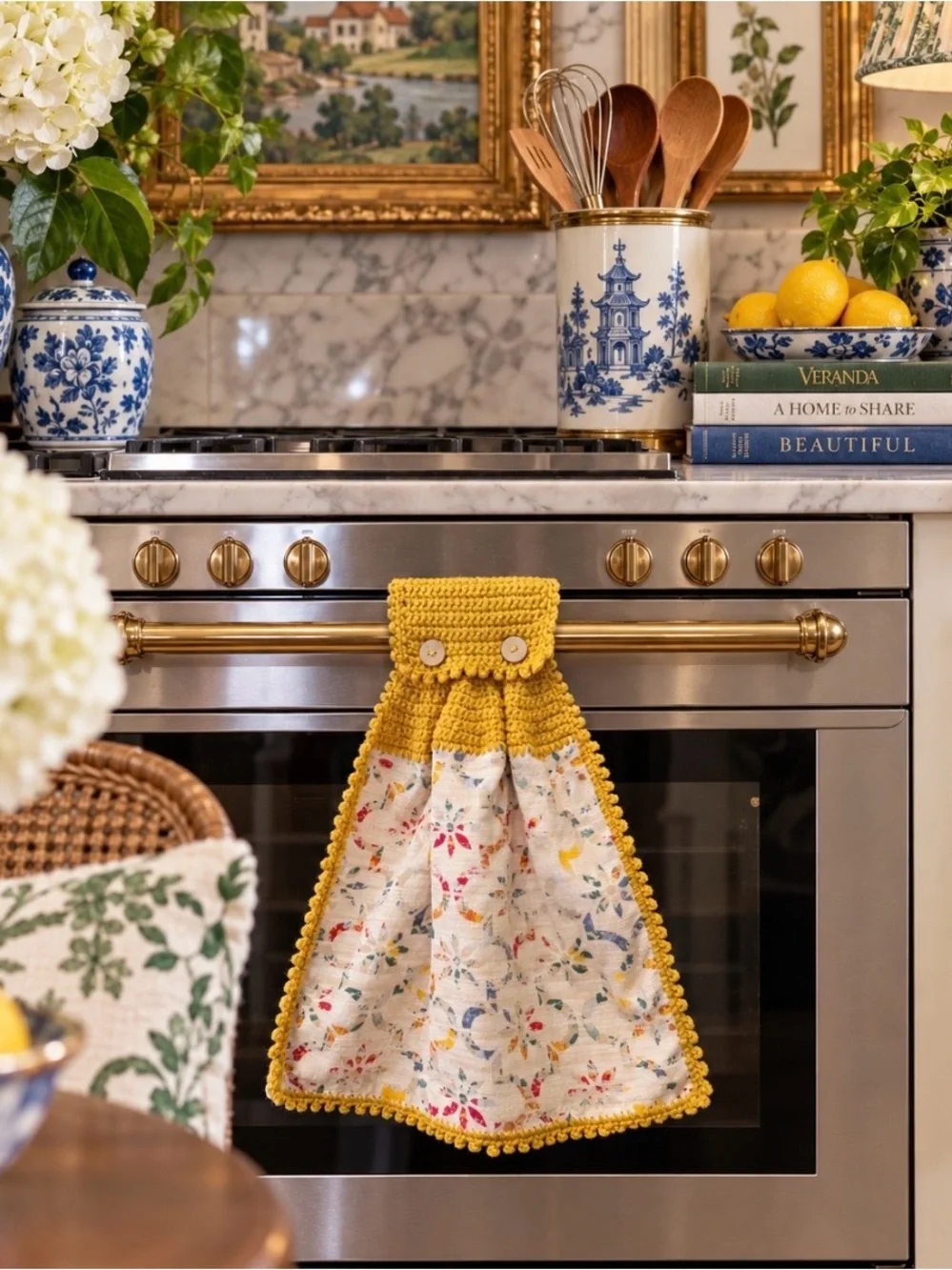Handmade Crochet Hanging Kitchen Towel Mustard Gold Floral